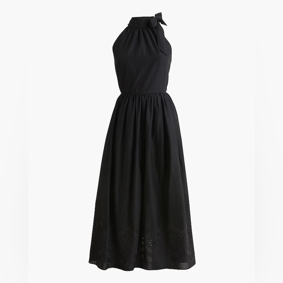 J. Crew Factory Tie-neck Midi Dress Eyelet Trim in Black Size 10 NWT - Picture 2 of 12
